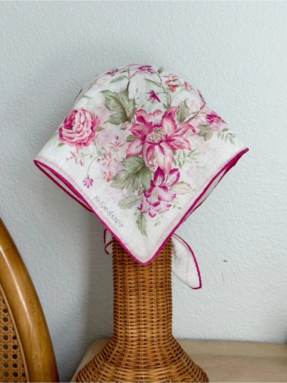 Vintage YSL Romantic Pink Floral Rose Cotton Bandana Scarf Made in Japan - Picture 4 of 9